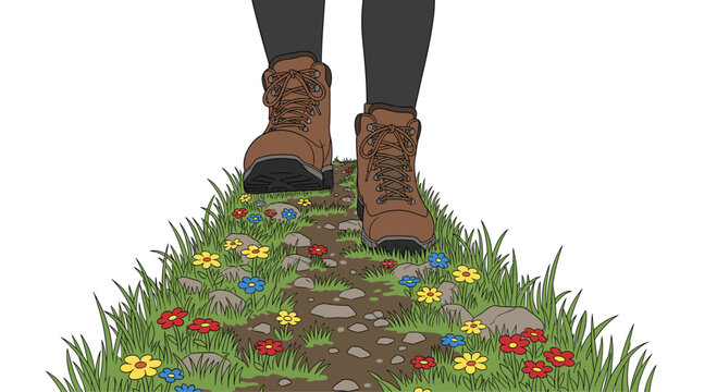A person's legs and brown hiking boots with red laces walk forward on a rocky dirt path surrounded by colorful small flowers and green grass.