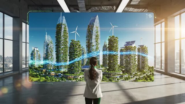 Woman Looks At Futuristic Eco City With Green Energy And Sustainable Buildings Hologram Display