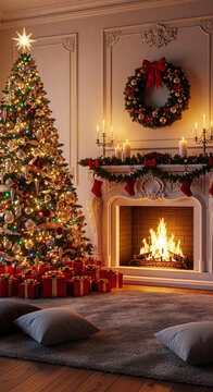 Elegant Christmas interior at night featuring a white carved marble fireplace with realistic flames, a large decorated tree, and soft pillows on a fluffy rug. Traditional holiday decorations including
