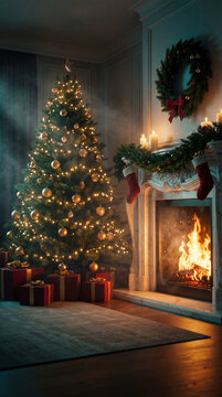 Dramatic Christmas scene at night with volumetric light rays from a marble fireplace, subtle haze, and a glowing holiday tree with warm contrast and deep shadows.
