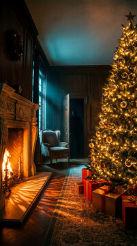 A cinematic and moody Christmas living room at night featuring a glowing fireplace and a richly decorated tree. An open door in the background reveals a subtle, mysterious human-shaped silhouette in a