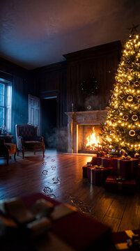 A dramatic and cinematic night scene of a luxurious classic Christmas living room interior. Features a large decorated tree glowing with warm golden lights, red gift boxes, an ornate marble fireplace 