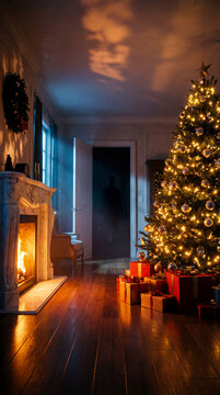 A cinematic and atmospheric Christmas living room scene at night. The interior features a glowing festive tree, an ornate white fireplace with bright flames, and a mysterious faint silhouette visible 