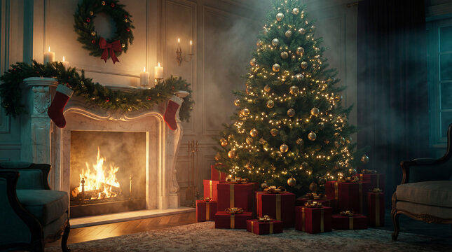A wide-angle cinematic night scene of a classic luxury Christmas living room interior. Featuring a glowing marble fireplace, a richly decorated holiday tree with golden lights, and red gift boxes. 