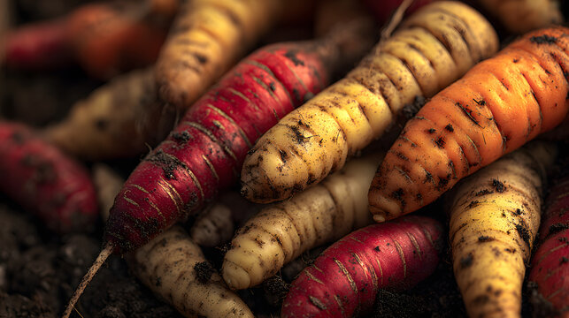 Fresh multicolor oca tuber roots with soil, earthy texture and warm tones conveying rustic harvest mood