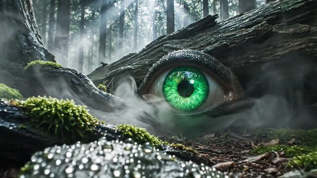 Emerald eye in a misty forest scene with mossy rocks and fallen log