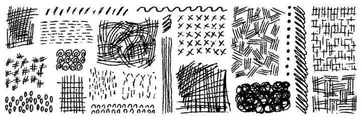 Hand drawn hatching line texture set. Crosshatch, scallop, rain, stippling. Freehand stroke doodle shape. Crayon pencil draw vector illustration.