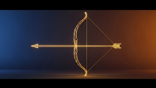 The Dhanush (bow) and arrow rendered in a single, continuous 3D gold wireframe line with perfect geometric curves. Dark, clean background. Minimalist weapon icon.
