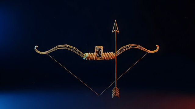The Dhanush (bow) and arrow rendered in a single, continuous 3D gold wireframe line with perfect geometric curves. Dark, clean background. Minimalist weapon icon.
