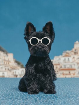 Toto the Black Cairn terrier dog wearing white round sunglasses sitting on blue poolside background, summer pet lifestyle concept for travel, vacation and social media marketing - Luxury Dog Brand Adv