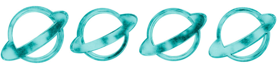 Set of four 3D planet saturn space shapes in frosted blue ice glass style, isolated on a transparent background. Glassmorphism icons and 3D elements for modern graphic design. © Thanh