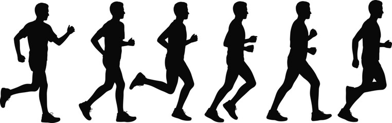 Running man silhouettes sequence illustration isolated on white background, male jogger side view motion set, fitness training and marathon sport concept design