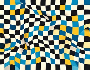 Obraz premium Abstract checkered pattern in shades of black, blue, and yellow, giving a warped, wavy impression of a textile