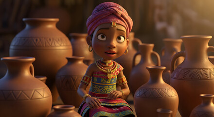 Cultural lifestyle illustration, African girl in traditional attire