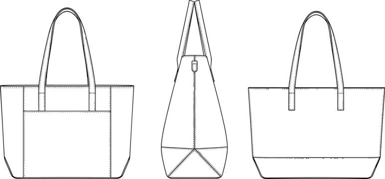 Blank pocket tote bag vector template, front back and side view detailed line art illustration isolated on white background