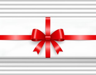 close-up of a vibrant red satin bow with horizontal ribbons on a clean white striped background