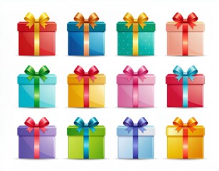 Fototapeta premium set of colorful shiny gift boxes vector illustration. collection of twelve different colored gift boxes with ribbons and bows isolated on a white background.