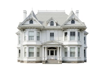 Fototapeta premium Ornate, historic, two story residence displays elaborate Victorian architectural elements against a white background