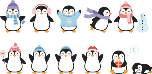 Cute winter penguin character set with adorable baby penguins wearing hats scarves earmuffs and sweaters playing with snowmen gifts and sleeping in flat vector style © MdAnowarHossain