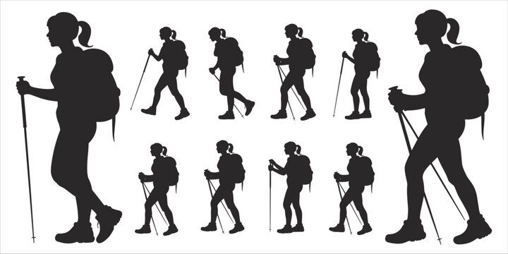 Silhouette of a woman hiker with backpack and poles in various walking poses Keywords: hiker, woman, silhouette, walking, hiking