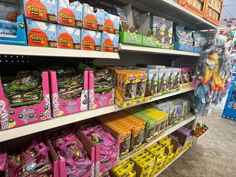 Easter candy and seasonal treats displayed on retail shelves inside Dollar Tree store. March 2 2026, Strathmore, Alberta, Canada. For Editorial Use Only.