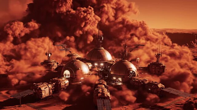 Futuristic Mars Colony Base Under Massive Dust Storm in Red Desert Landscape Sci-Fi Concept