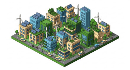 Sustainable cityscape with green buildings and renewable energy sources on a white background