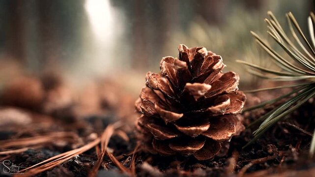 Close-up of a pine cone on forest floor with sunlight