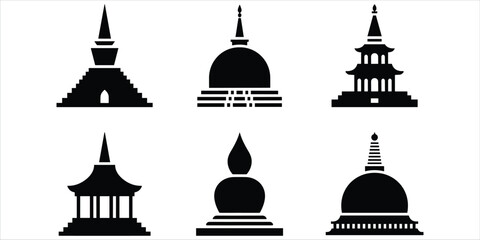 Fototapeta premium Six Black Silhouettes Of Stupas And Pagodas Representing Buddhist Architecture Keywords: stupa, pagoda, temple, architecture