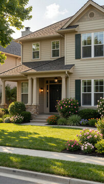 Beautiful traditional suburban home exterior featuring classic beige siding, a welcoming front porch with white columns, and lush green landscaping for curb appeal.
