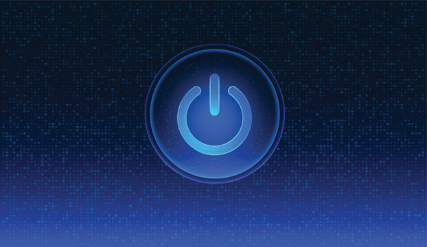 Futuristic, translucent illuminated Power button. With a tech-themed background. Electric energy concept. Accents in neon electric blue and a holographic glassmorphism effect. IUI, UX design