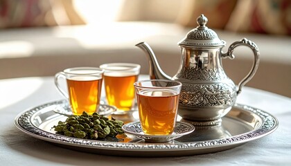 Fototapeta premium Gleaming silver ornate tea set with glasses of amber beverage and cardamom on a tray