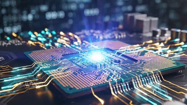 Glowing Central Processor on a High-Tech Circuit Board with Data Streams.