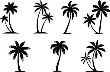 Fototapeta premium Tropical palm tree silhouettes set isolated on white background, black vector collection of exotic summer beach island nature design elements