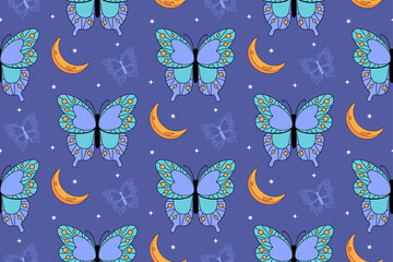 Celestial Butterfly and Moon Seamless Pattern