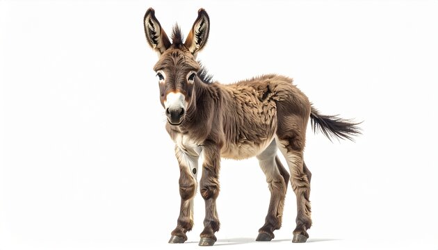 A brown donkey with baskets on its back standing isolated on a white background, viewed from the front, reference 28_jmrls5_Vik.jpg