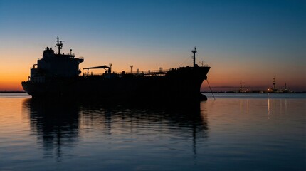 Fototapeta premium Oil Tanker Silhouette at Sunset Near Offshore Refinery – Global Energy Market Uncertainty