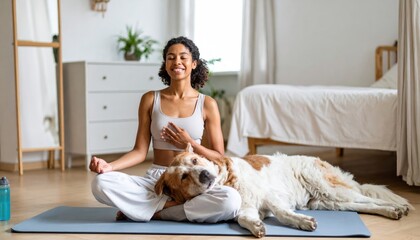 Woman meditates with dog on yoga mat.