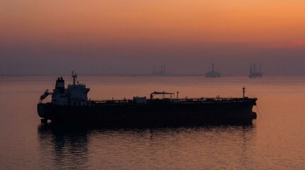 Fototapeta premium Crude Oil Tanker at Dusk with Offshore Platforms – Global Energy Supply and Geopolitical Tension