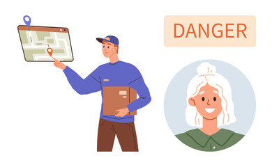 Package delivery, customer safety, data privacy, logistics issues, navigation technology, personal information use. Worker using a map, customer profile and danger warning. Customer safety and data