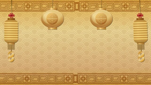 Golden Chinese New Year Background with Hanging Lanterns and Clouds