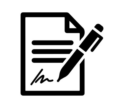 A simple icon of a document with a pen signing it