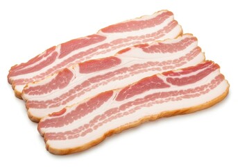 Three uncooked strips of cured pork belly are layered diagonally against a white background.