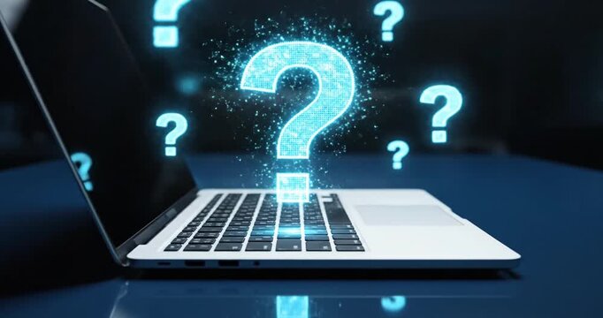 A laptop with glowing question marks floating above it, symbolizing inquiry and curiosity in technology