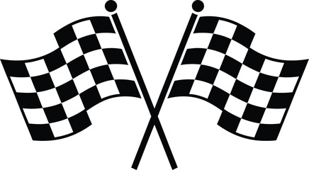 Two crossed black and white checkered racing flags on flagpoles