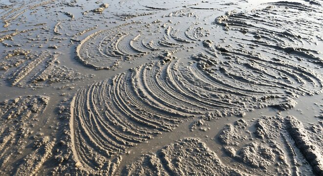 Muddy footprints and tire tracks leave patterns on wet sandy beach at low tide