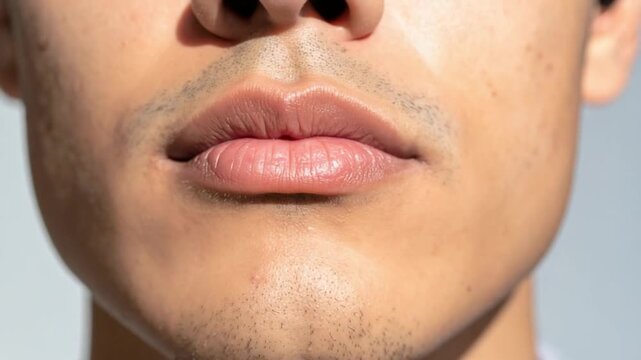 Detailed view of a man's lips, philtrum, and chin with facial hair