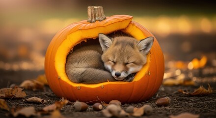 Obraz premium Young wild canine rests peacefully inside a hollowed orange gourd outdoors during autumn