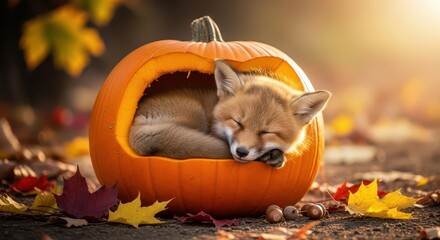 Obraz premium Adorable young wild canine animal peacefully sleeping inside a carved gourd during autumn