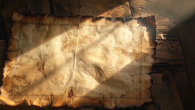 Ancient parchment treasure map on rustic wood with dramatic light